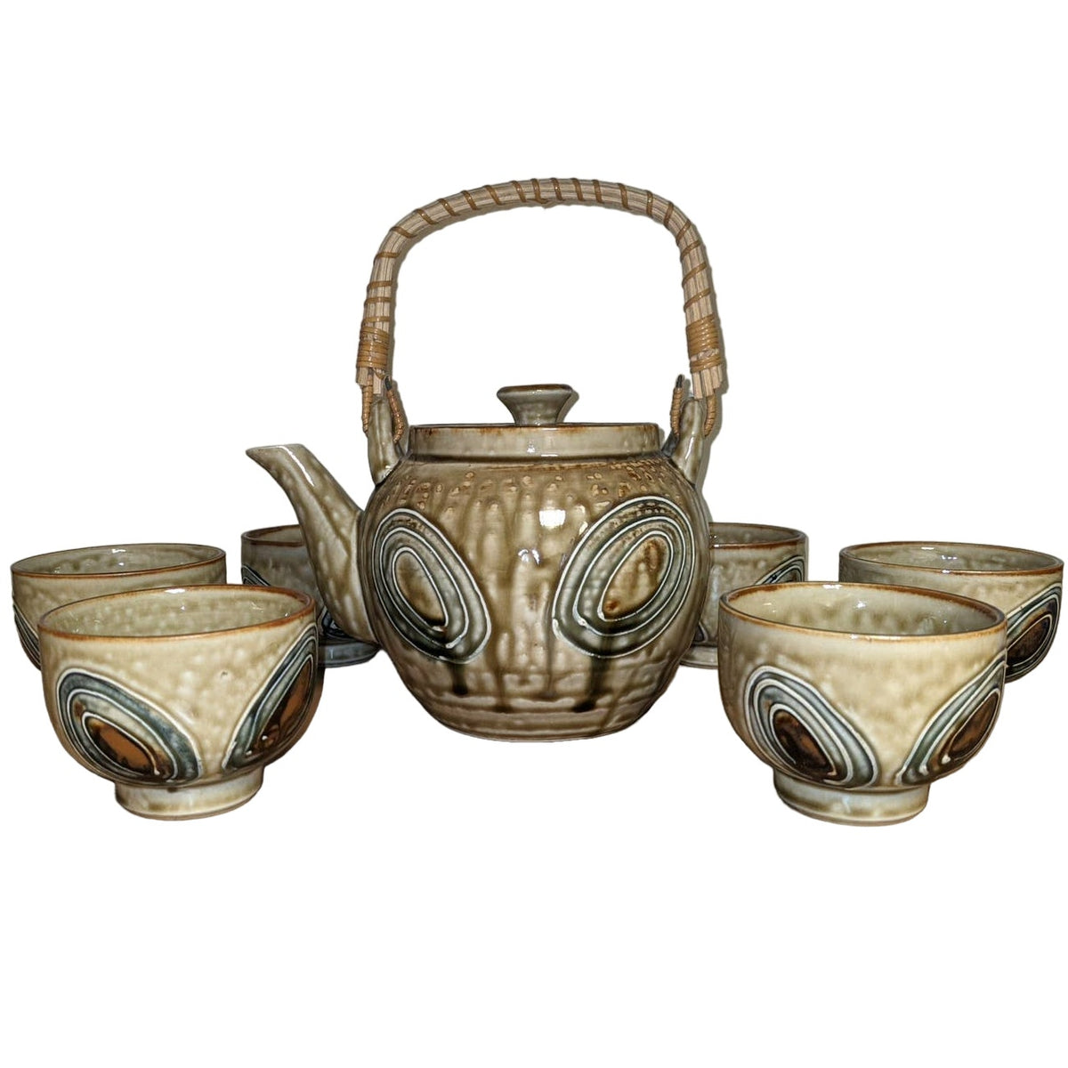 Vintage Japanese Drip Stoneware Teapot with Six Tea Bowl Chawan Ceremony Pottery