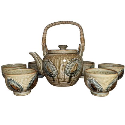 Vintage Japanese Drip Stoneware Teapot with Six Tea Bowl Chawan Ceremony Pottery