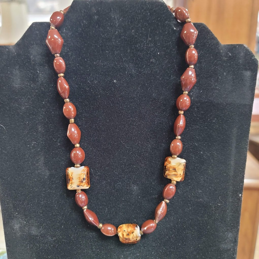 Vintage Set Reddish Orange Glass Beaded Necklace with Latch Drop Earrings