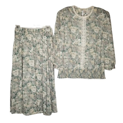 Jonathan Logan Vintage 2 Piece Set Top & Elastic Waist Pleated Skirt FLORAL 12