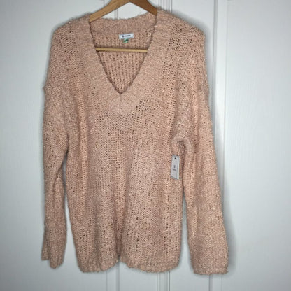 Susina NEW Pink Fluffy Boucle Knit Pullover Sweater V-Neck Large
