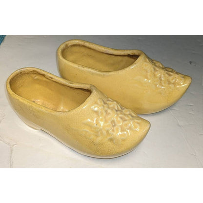 McCoy Mold Yellow Ceramic Clog Planters set 2 Dutch Shoes Cracked Glaze kitschy
