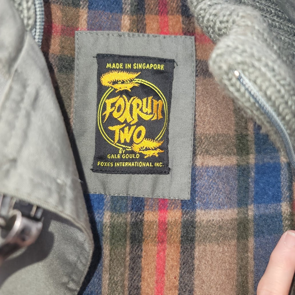 1980s FoxRun Two Plaid Lined Coat Jacket Taupe Round hem Pockets Thigh Length