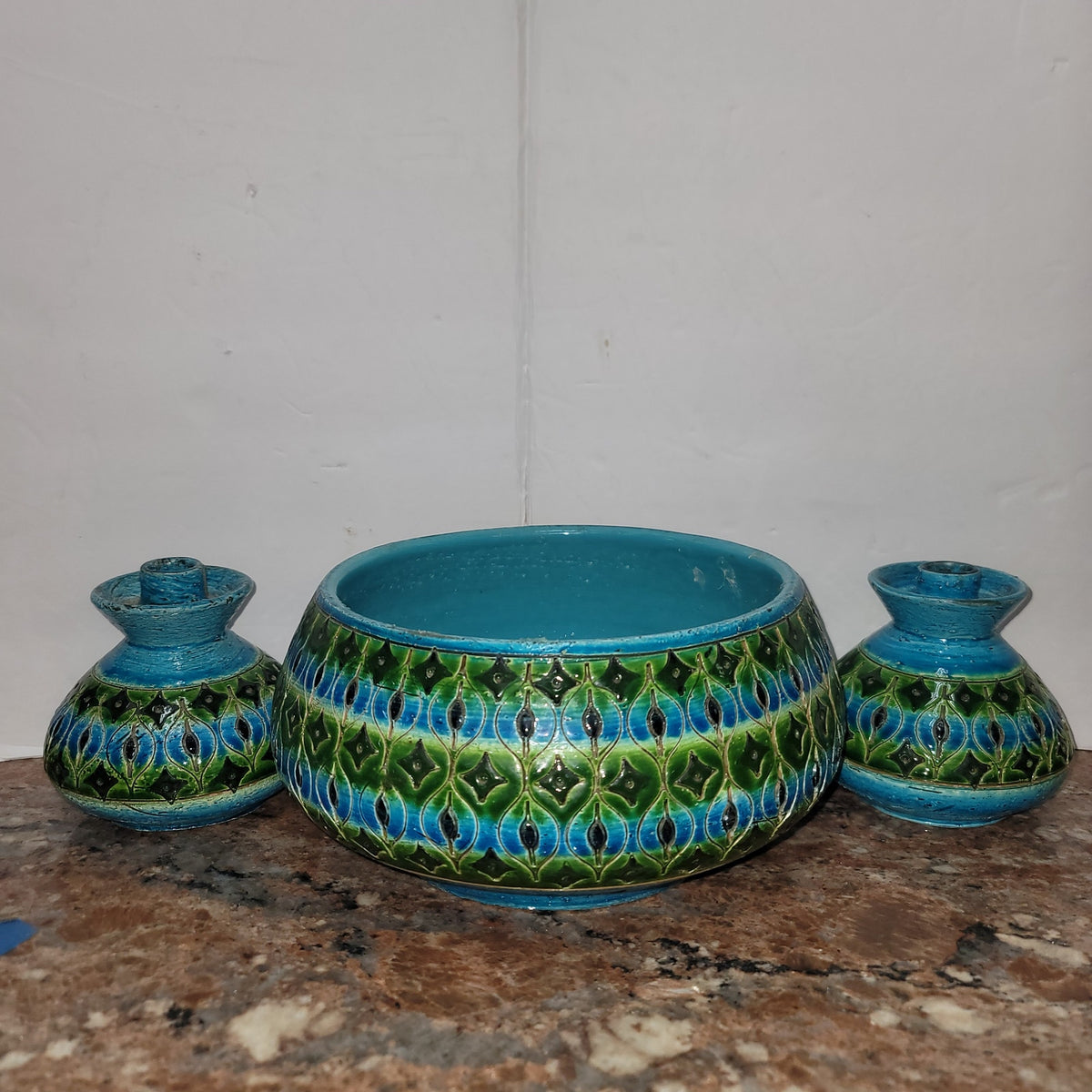 Bitossi Italy Console Bowl w/ Matching Candlestick Art Pottery Rimini blue Green
