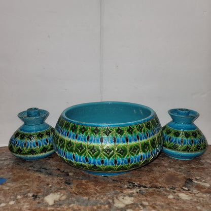 Bitossi Italy Console Bowl w/ Matching Candlestick Art Pottery Rimini blue Green