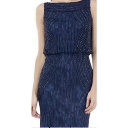 JS Collections Boat Neck Embellished Blouson Gown Size 6 Navy NWOT
