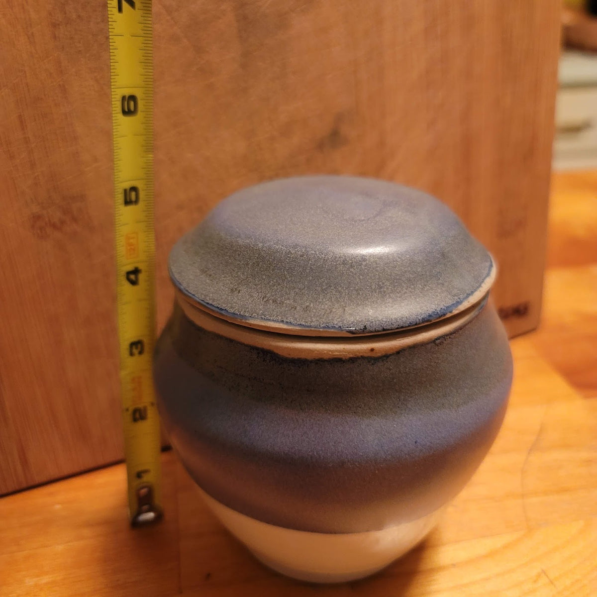M. Law art pottery lidded jar clay Signed Studio blue Cream Apothecary Stash
