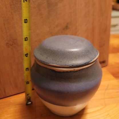 M. Law art pottery lidded jar clay Signed Studio blue Cream Apothecary Stash