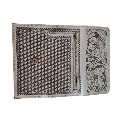 Hand tooled leather wallet trifold White 7 1/2"x 4" BOHO Chic Mexican Artisan