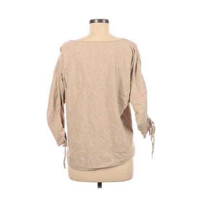 Max Studio Boho Pullover Knit Top Sweater Scoop Neck Tan Gathered 3/4 Sleeve Medium