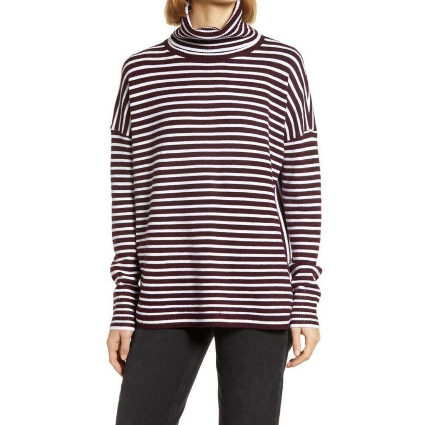 French Connection Striped Turtleneck Sweater Sz Large Evening Wine/White NWT