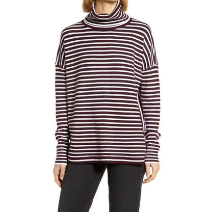 French Connection Striped Turtleneck Sweater Sz Large Evening Wine/White NWT