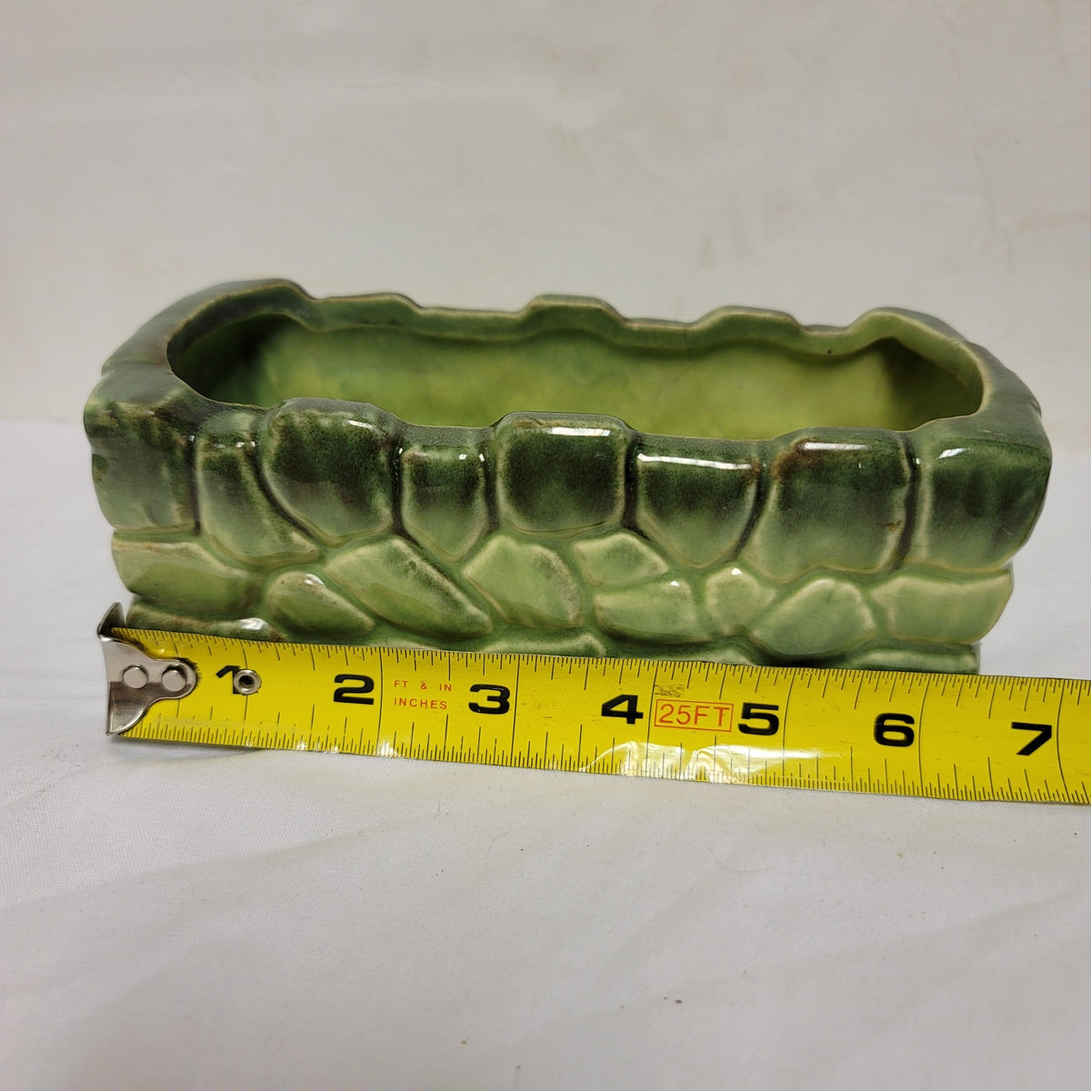 Vintage Stone embossed Oblong 7" Green planter