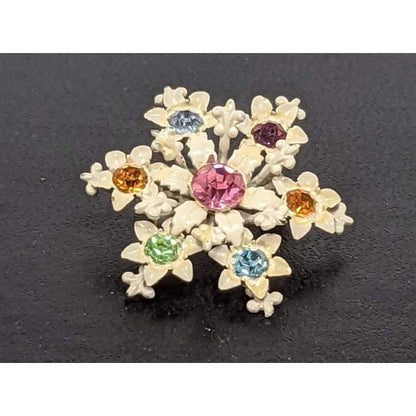Vintage White Metal Snowflake Rainbow Gems Brooch Pin Starburst Rhinestone