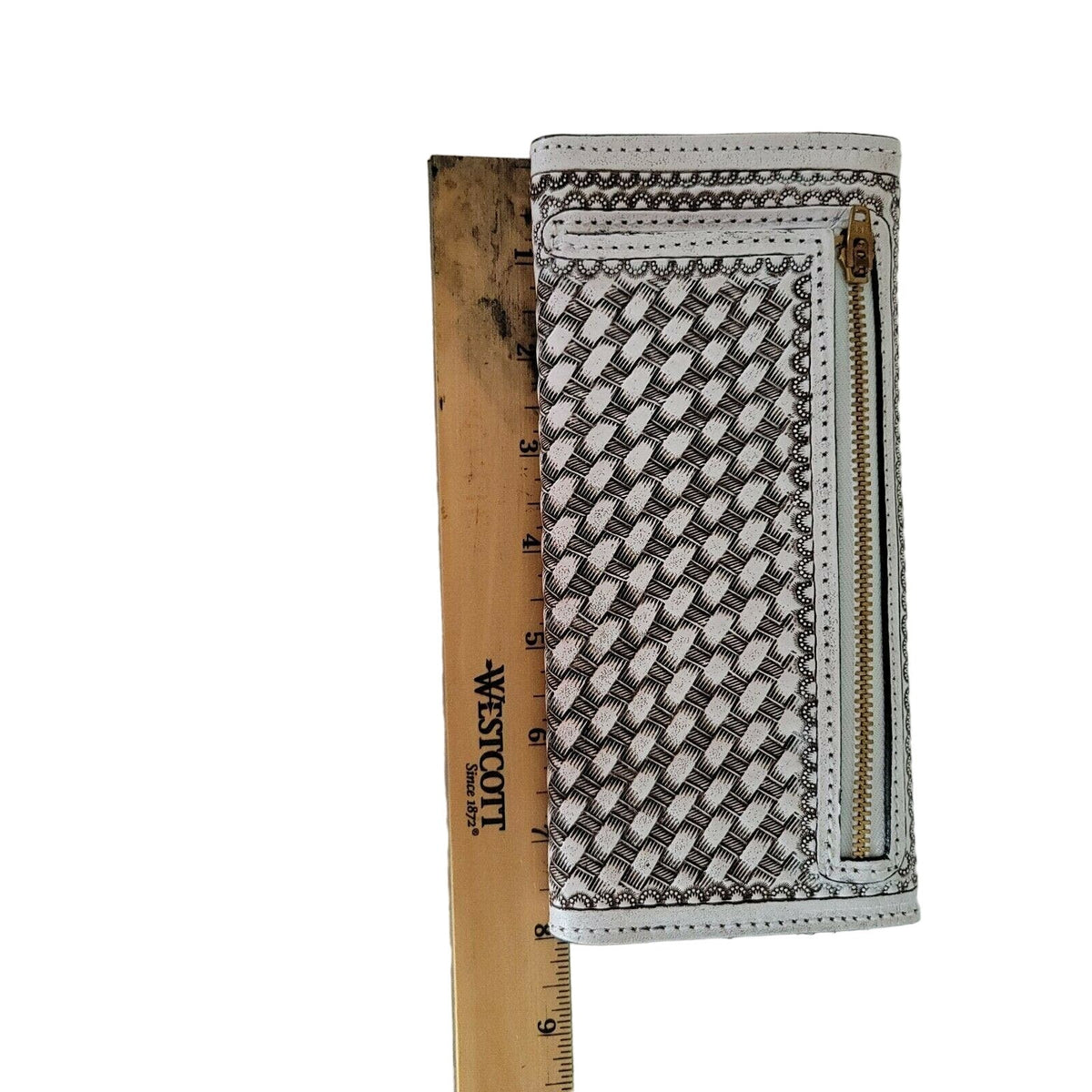 Hand tooled leather wallet trifold White 7 1/2"x 4" BOHO Chic Mexican Artisan