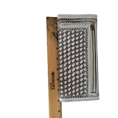 Hand tooled leather wallet trifold White 7 1/2"x 4" BOHO Chic Mexican Artisan