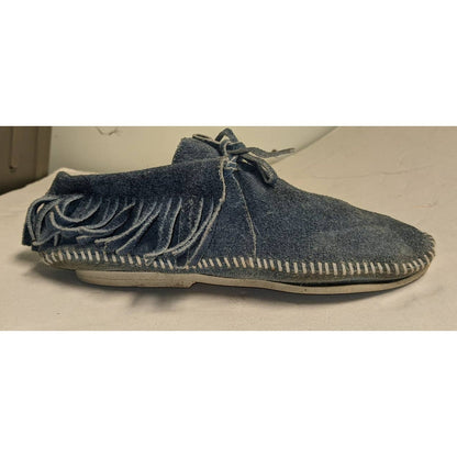 Vintage 80s Blue Suede Leather Fringe Moccasin Booties Soft Shoes  Size 8