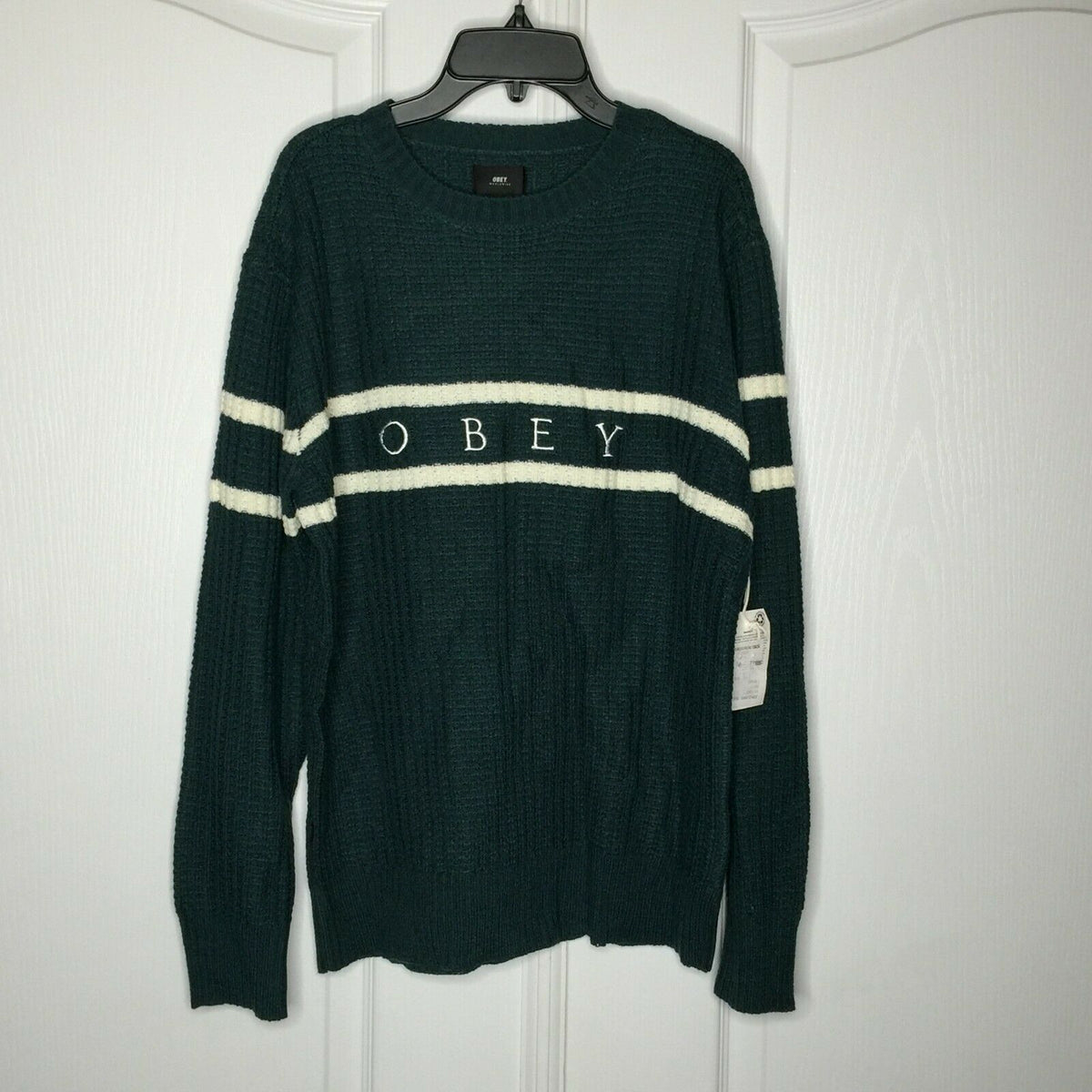 Obey Pullover Sweater Long Sleeves Crew Neck Knit Wool Green/ White Small NWT