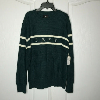 Obey Pullover Sweater Long Sleeves Crew Neck Knit Wool Green/ White Small NWT