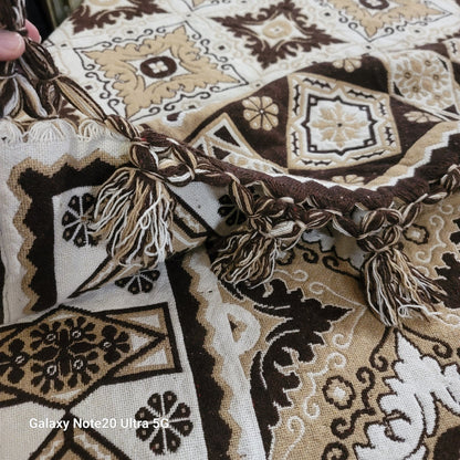Blanket artisan 88"x90" Brown Cream Tassel Diamond Woven boho tribal Thick Queen