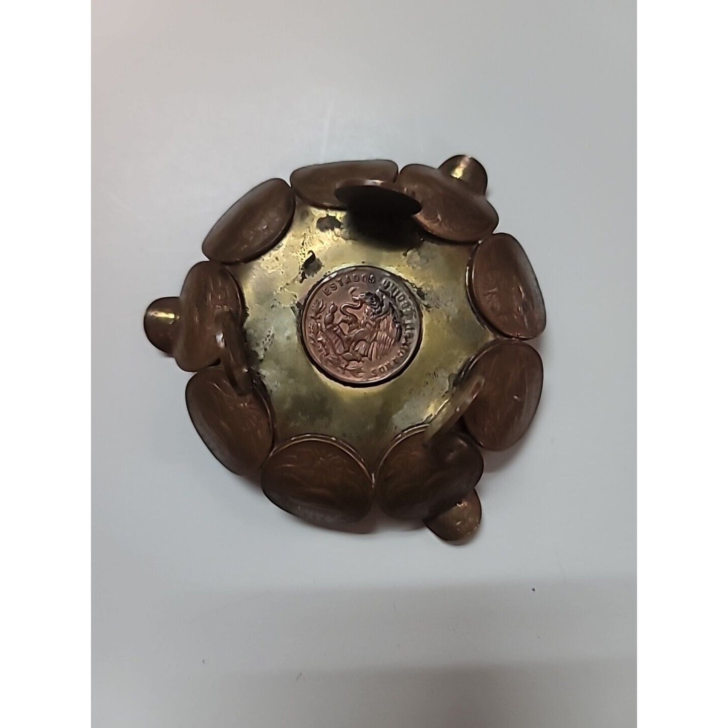 VINTAGE MEXICAN COIN CENTAVOS 1970s ASHTRAY 15 COINS HANDMADE FOLK ART BRASS