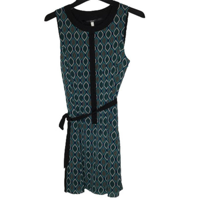 Kensie Tie Waist A-line Dress Buttons Career Sleeveless Blue/Teal/Black LARGE