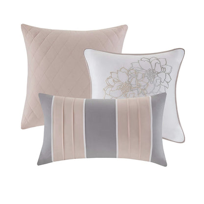 Madison Park Lola Queen Comforter shams skirt pillows Set Grey/Pink/White  NEW