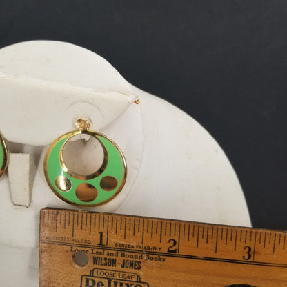 Vintage Green Enamel Golden Post Earrings Costume Jewelry Round hoop MOD