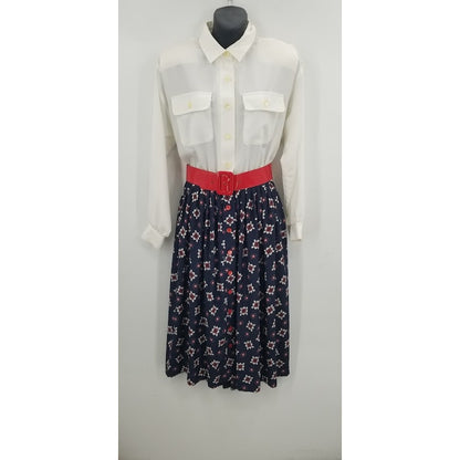 Vintage Leslie Fay Red White Blue Dress Long Sleeve Belted Size 8