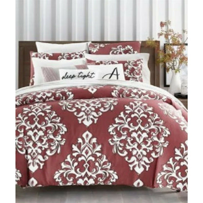 NEW CHARTER CLUB DAMASK RED OUTLINE TWIN 2 PIECE COMFORTER SET BEDDING 300TC