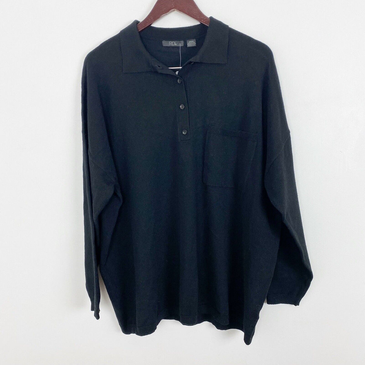 RDI Women Oversized Boyfriend Long Sleeve Polo Top Large Black NWT Recycled Yarn