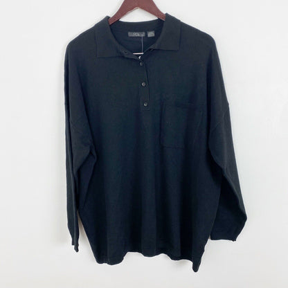 RDI Women Oversized Boyfriend Long Sleeve Polo Top Large Black NWT Recycled Yarn