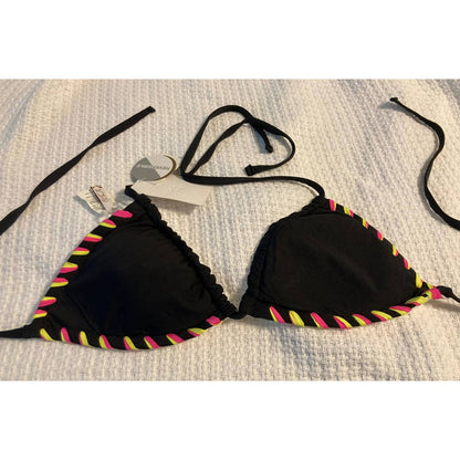 Becca Swim Reversible Triangle Sliding String Halter Bra Sz D Black Multi NWT
