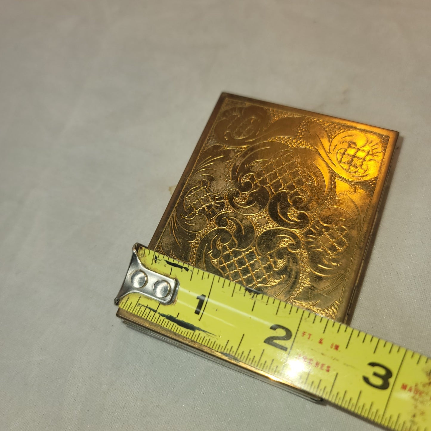 Vintage Vanity powder lipstick mirror metal case 1950s Goldtone floral etched