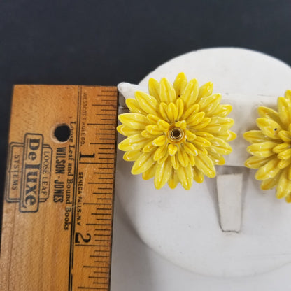 Vintage Yellow Flower Metal Clip On Earrings Costume Jewelry Spring