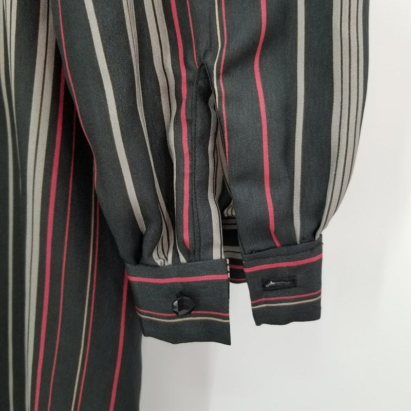 Vintage Long Sleeve Black Striped Elastic Waist Pockets Shirt Dress Modesty