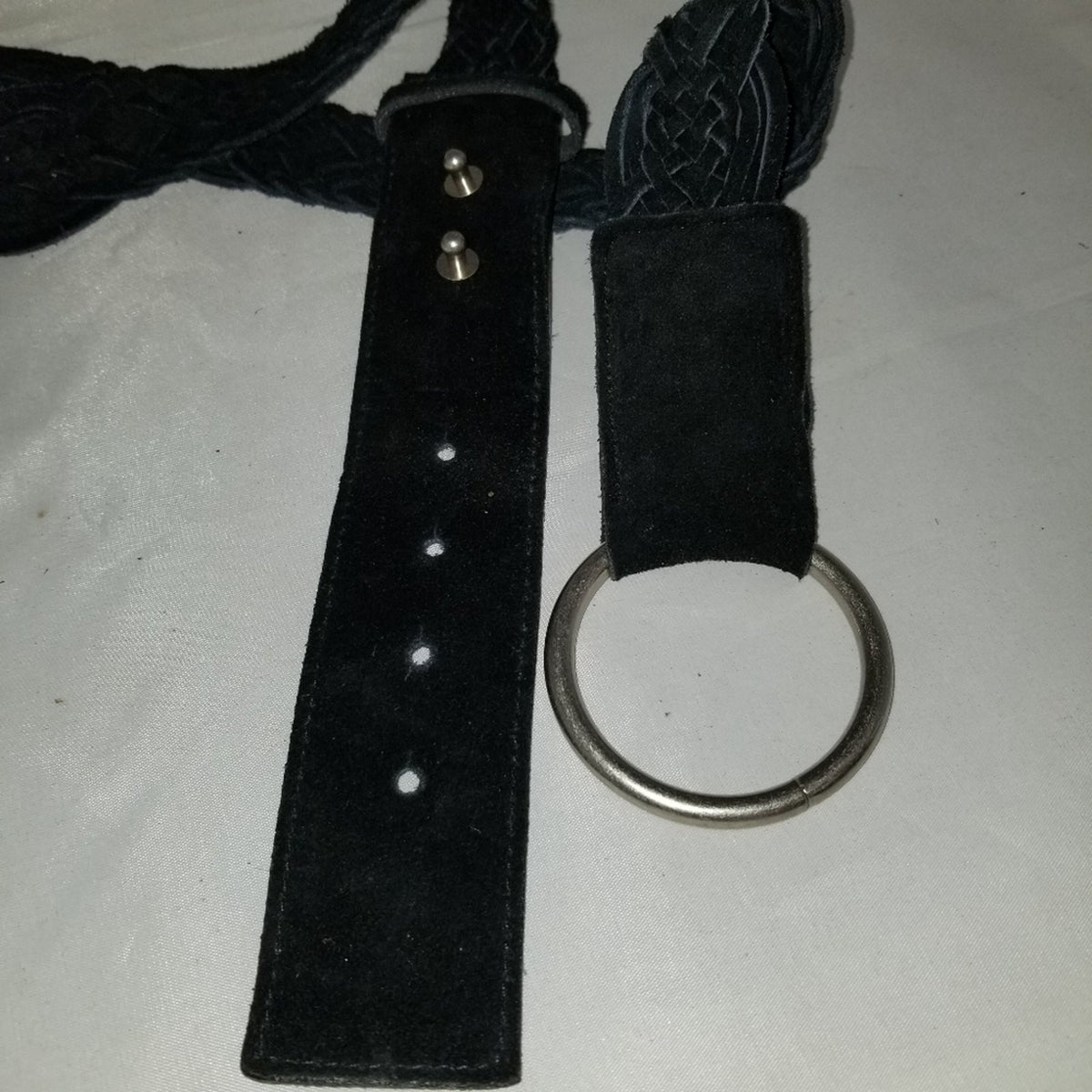 Vintage Black Suede Braided Basketweave Boho Chic O-Ring Wide Belt Large