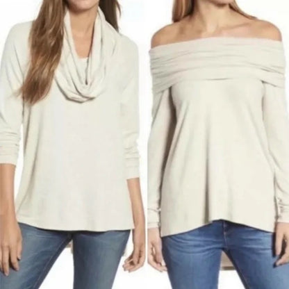 Gibson Look Womens Off Shoulder Cowl Pullover Tunic Top Large Ivory NWT High Low