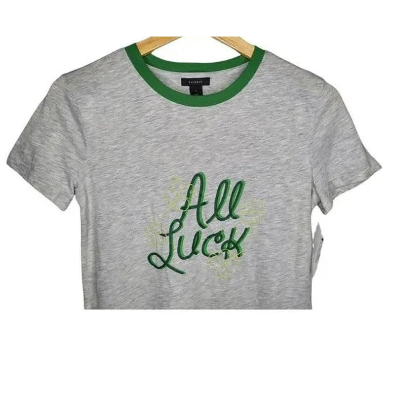 Halogen "All Luck" Embroidered St. Patrick's Day Tee Sz XXS/2X Small in Grey NWT
