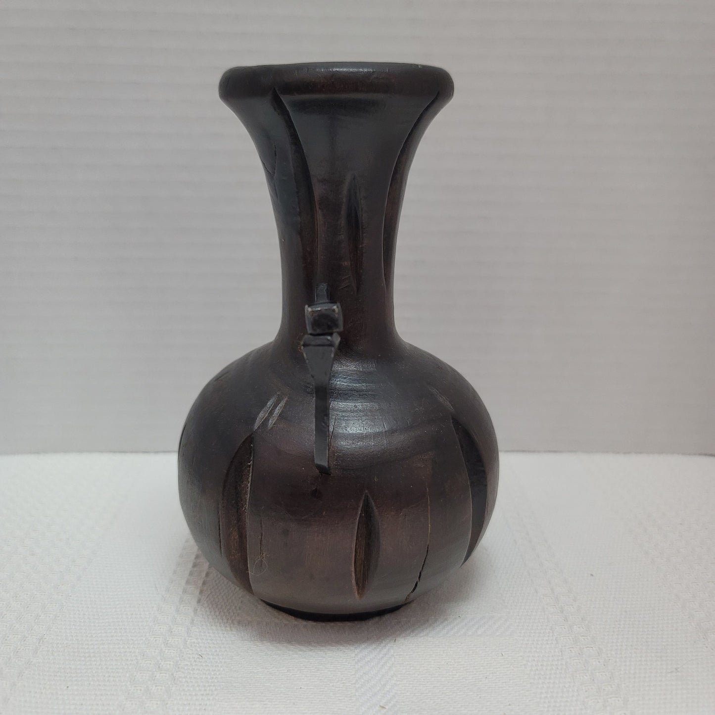 Vintage Brutalist Handmade Artisan Wood hand turned Vase Cut Nail Handles