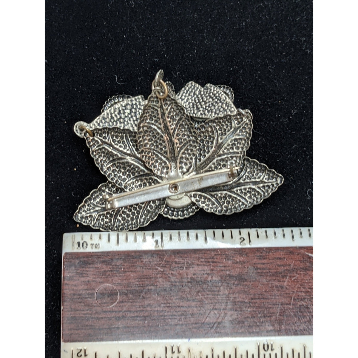 3tier silvertone bejeweled green red blue stones dangle brooch Pin Revival Leaf