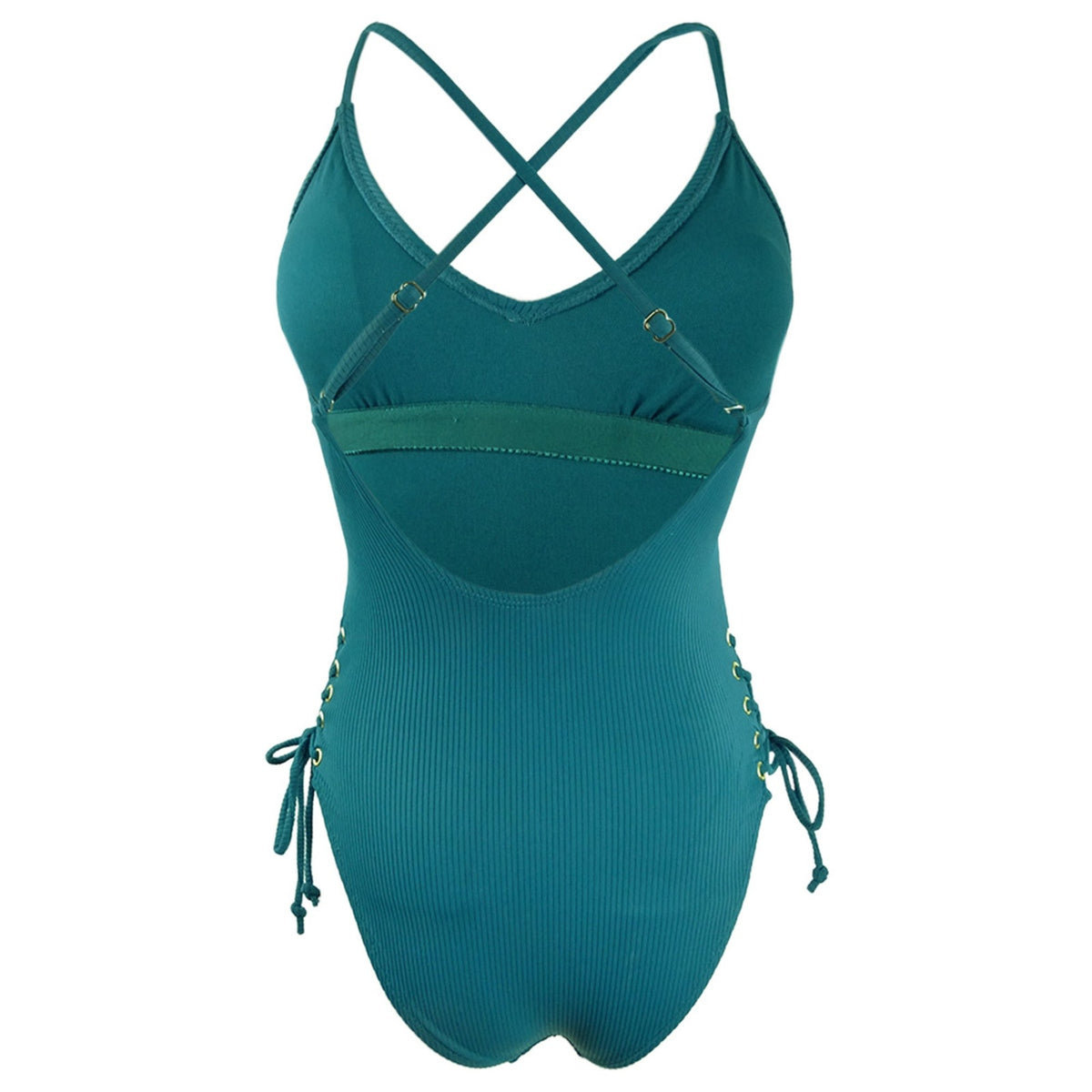 California Waves NWT Ribbed Lace Up High Leg One Piece Swimsuit Teal Small