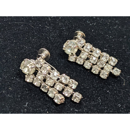 Vintage Screw Clip On Earrings Silver Tone White Rhinestone Dangle Chandelier