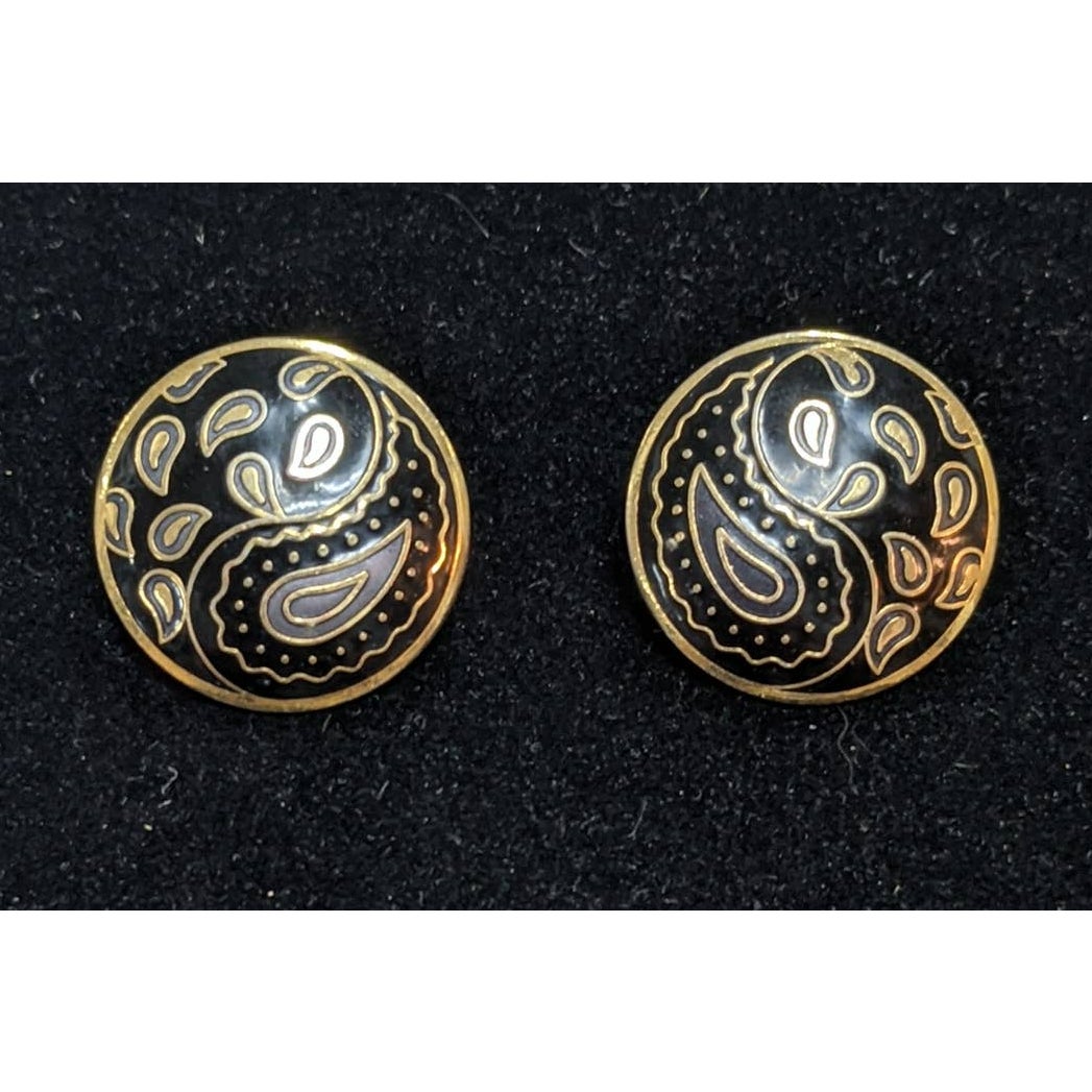 Paisley Yin Yang Earrings Black and Silver on Gold Tone Post 1 Inch Rounded