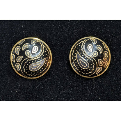 Paisley Yin Yang Earrings Black and Silver on Gold Tone Post 1 Inch Rounded