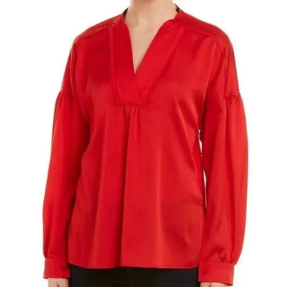 Laundry By Shelli Segal Blouse Large Goji Red NEW Bishop Sleeve Cross V-Neck top
