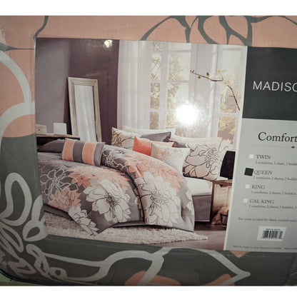 Madison Park Lola Queen Comforter shams skirt pillows Set Grey/Pink/White  NEW