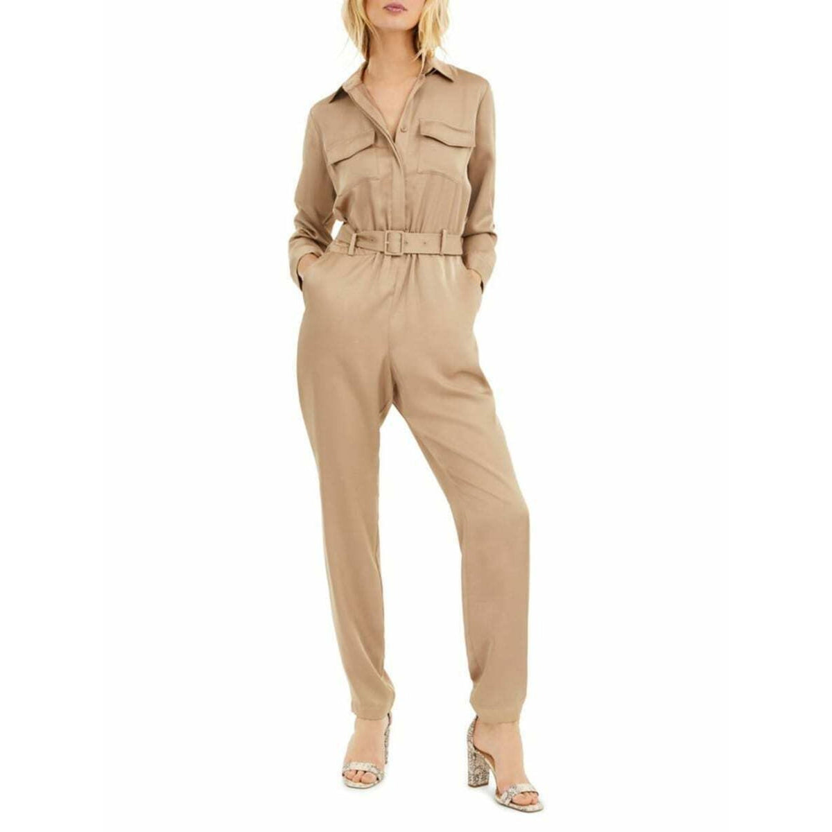 INC International Concepts Petite Button-Front Jumpsuit Long Sleeve Tan Size 20W