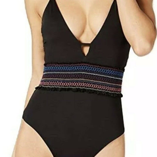 Bar III Smocked Plunging Neck One Piece Swimsuit Size Large