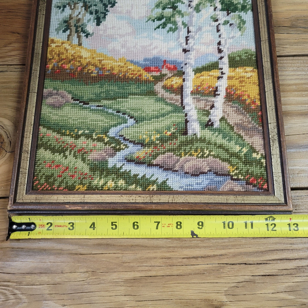 Vintage Cross Stitch Embroidery Old Country Little Church In The Woods Framed